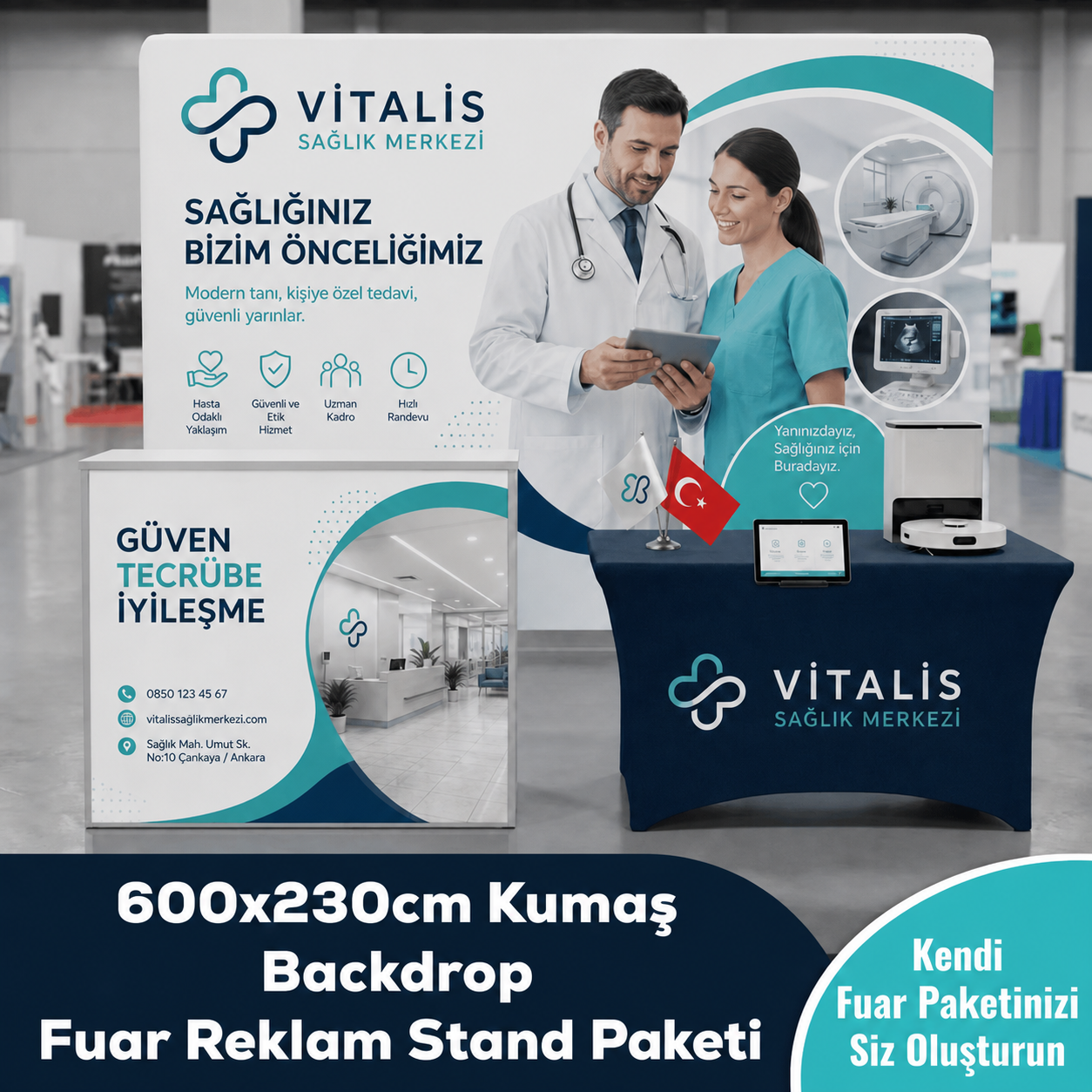 600x230 CM Kumaş Backdrop Fuar Reklam Stand Paketi